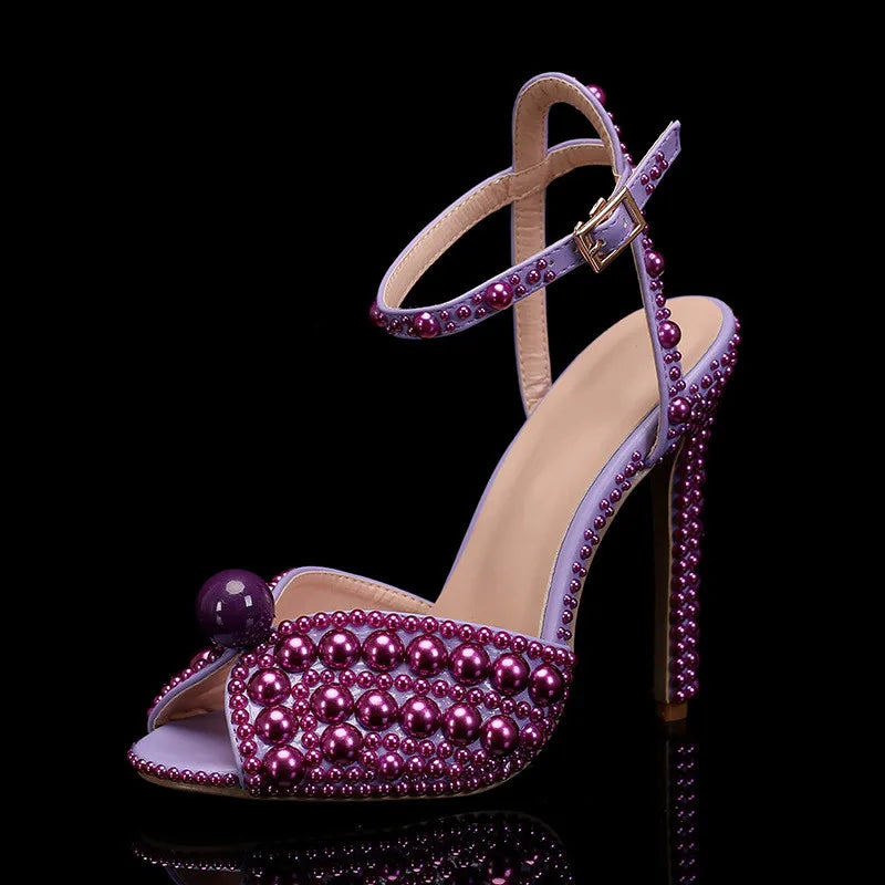 Luxury Handmade Pearl Peep Toe Women Sandals Fashion Summer Wedding Princess Thin High heels Elegant Party Prom Bridal Shoes Purple