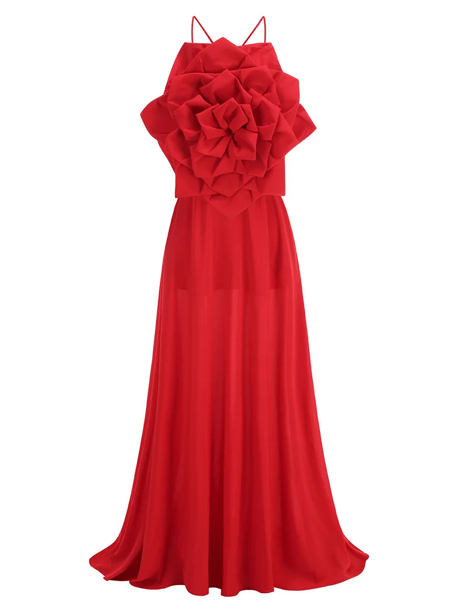 Red Color Women Sexy Strap Sleeveless Florals Loose Floor-Length Dress Celebrate Evening Party Wedding Mermaid Dress
