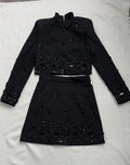 Women Heavy Industry Hot diamond Suit Short Skirt Set with Stand Collar Long Sleeve Hoodie Short Top+Mini Skirt Two Piece Set black