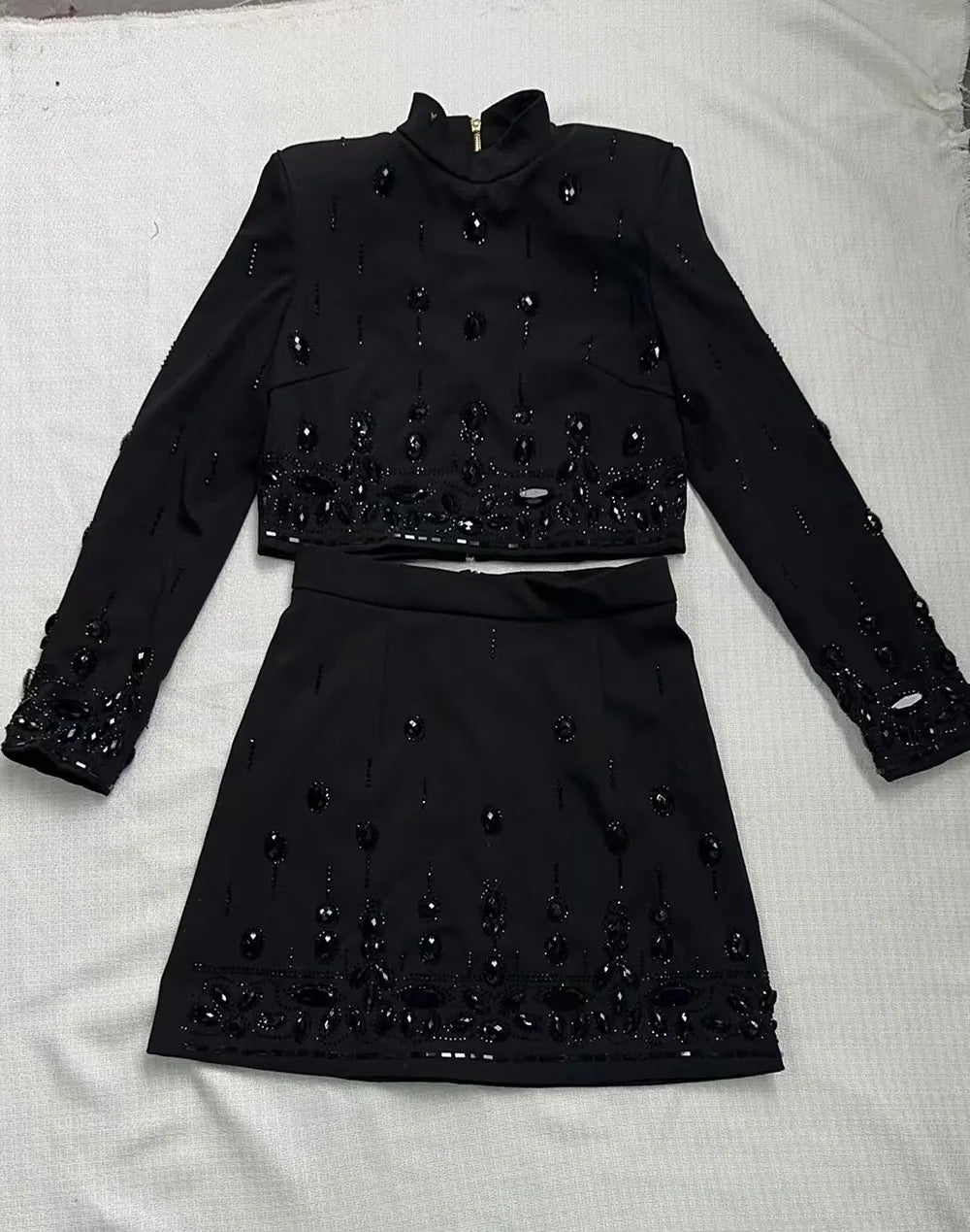 Women Heavy Industry Hot diamond Suit Short Skirt Set with Stand Collar Long Sleeve Hoodie Short Top+Mini Skirt Two Piece Set black