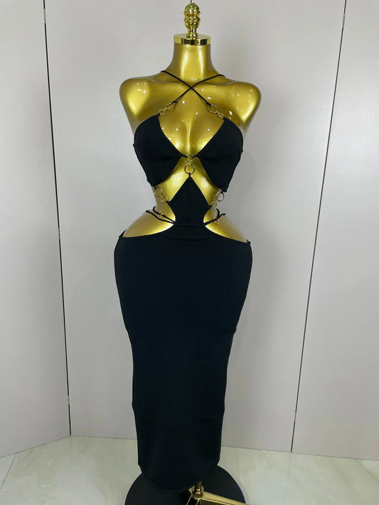 Sexy Halter Hollow Out Sleeveless Black Red Bodycon Long Bandage Dress Women Celebate Elegant Luxury Birthday Club Dress black