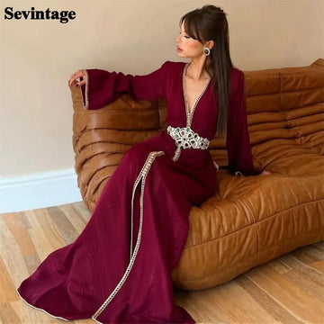 Modest Burgundy Karakou Algerian Evening Dresses A-Line Deep V-Neck Long Flare Sleeves Floor Length Formal Prom Gowns