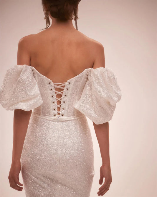 Sansa Glitter Short Hip Wrap Prom Dress Off Shoulder Puffy Sleeve Vestidos De Fiesta Sexy Lace up Back Evening Dress 2024