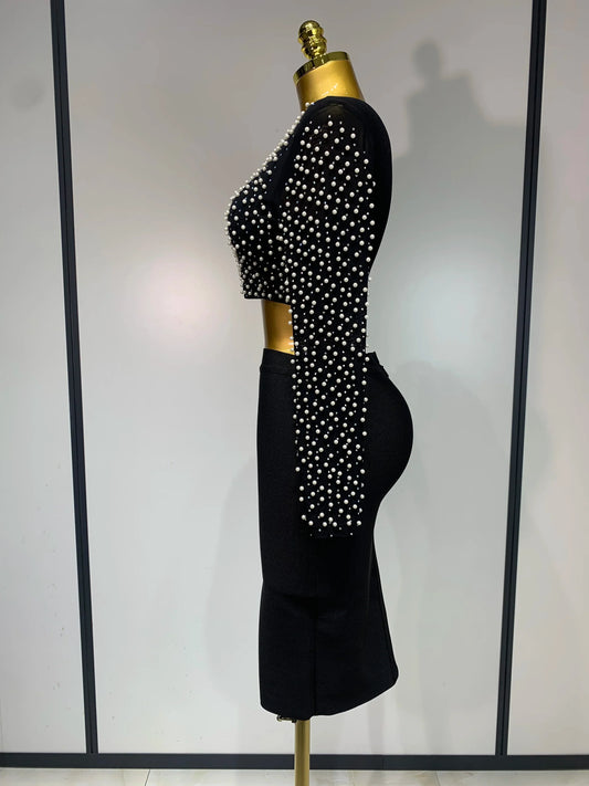 Women Sexy Long Sleeve Mesh Pearl Black Top Celebrity Midi Women Bandage Set Designer Evening Party Birthday Two Piece Set