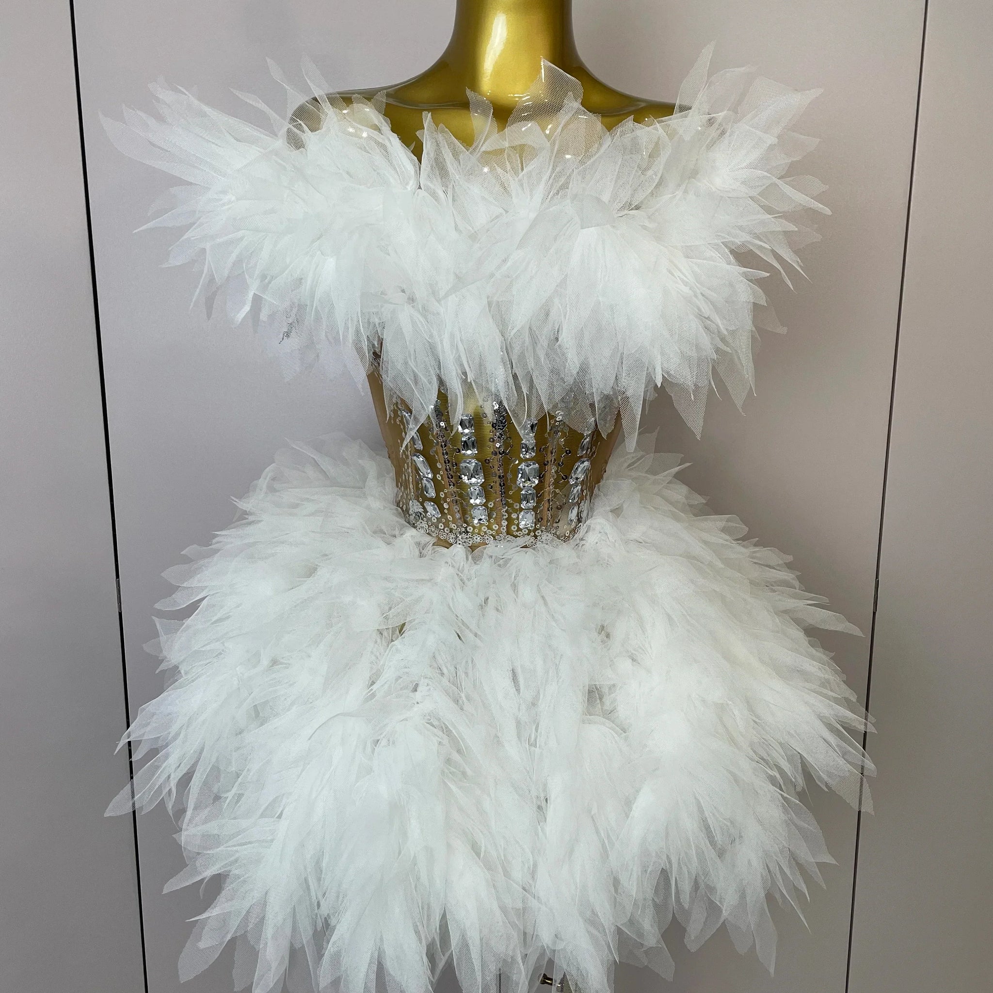 Women Sexy Backless Strap Mesh Fluffy Skirt 2 Pieces Diamond Sequins Stage Performance Costume Birthday Party Shooting Dress WHITE