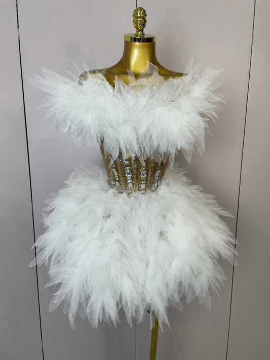 Women Sexy Backless Strap Mesh Fluffy Skirt 2 Pieces Diamond Sequins Stage Performance Costume Birthday Party Shooting Dress WHITE