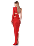Sexy One Shoulder Hollow out Diamonds Long Dress Women Asymmetrical Cut Out Luxury Rhinestone Slim Dresses Evening Party Gowns