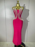Sexy Strapless Pearl Beading Bodycon Long Bandage Dress Women Fashion Elegant Evening Party Luxury Birthday Dresses Rose Red