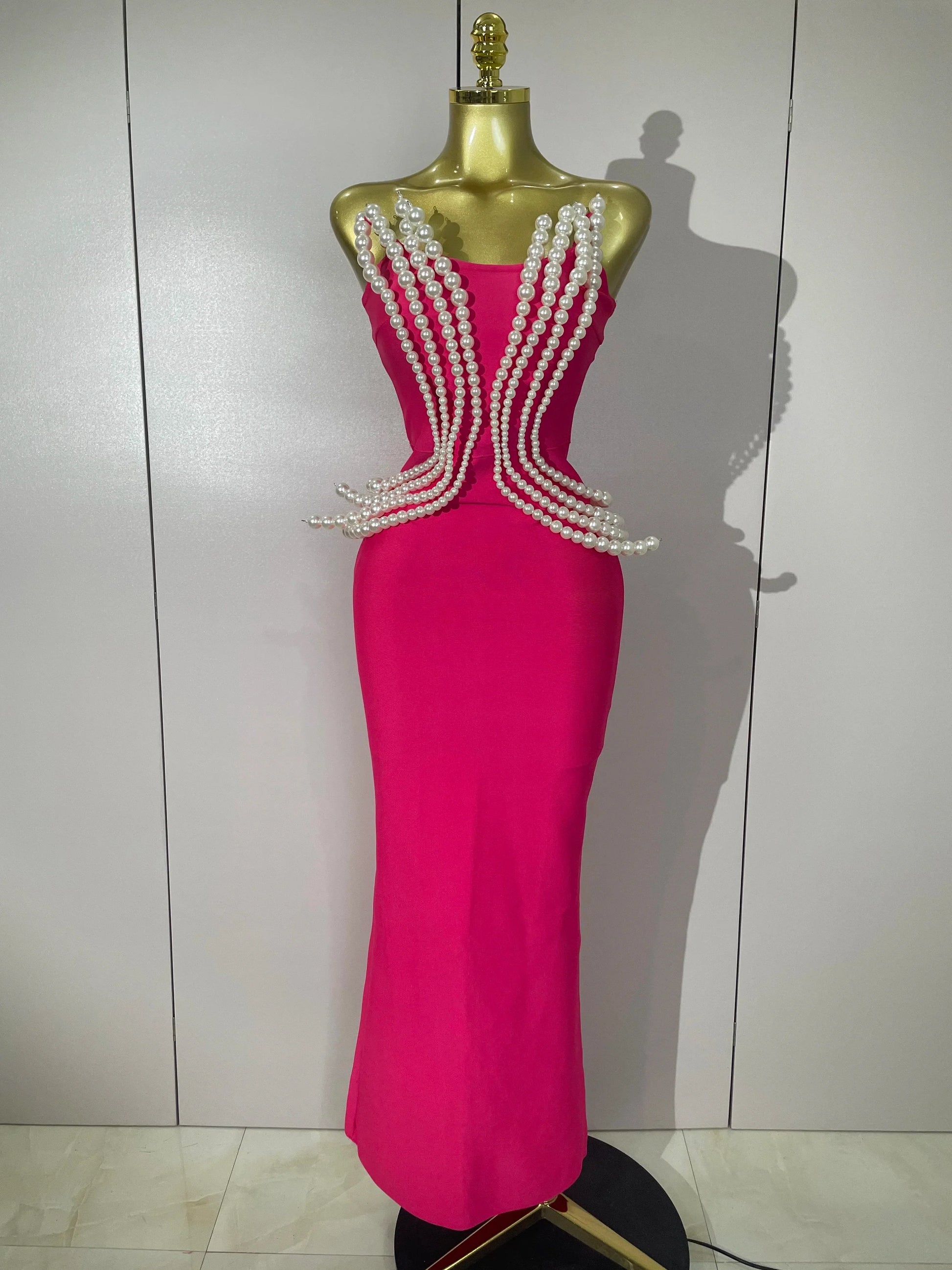 Sexy Strapless Pearl Beading Bodycon Long Bandage Dress Women Fashion Elegant Evening Party Luxury Birthday Dresses Rose Red
