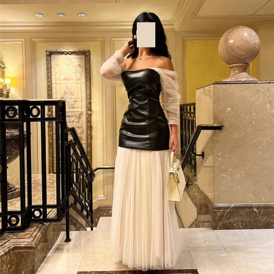 Elegant Saudi Ivory Black Prom Dress Tulle A-Line Off The Shoulder Ruched Formal Evening Dress Floor Length Party Gown As Picture