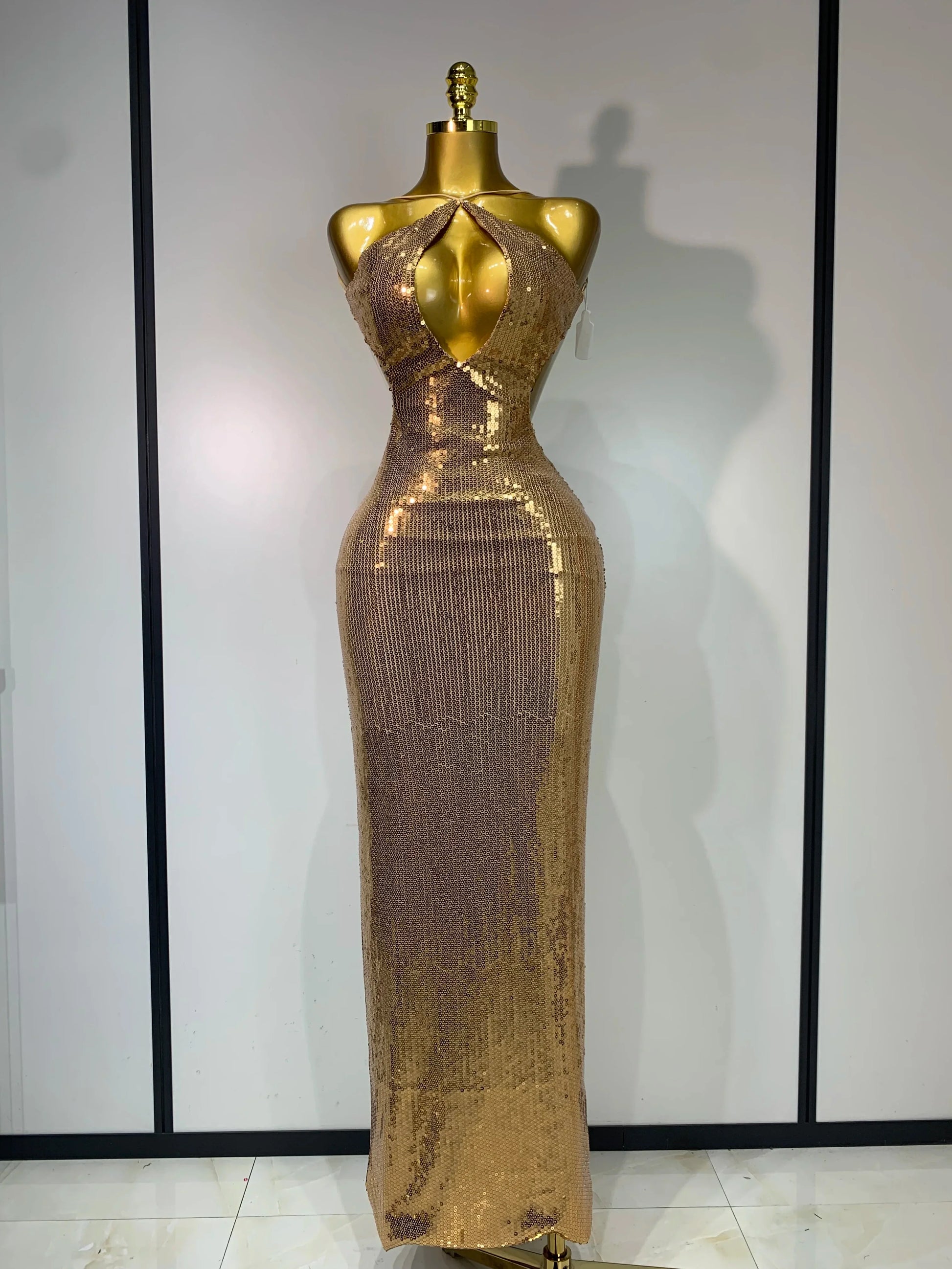 Luxury Sexy Backless Halter Gold Glitter Sequins Maxi Long Dress