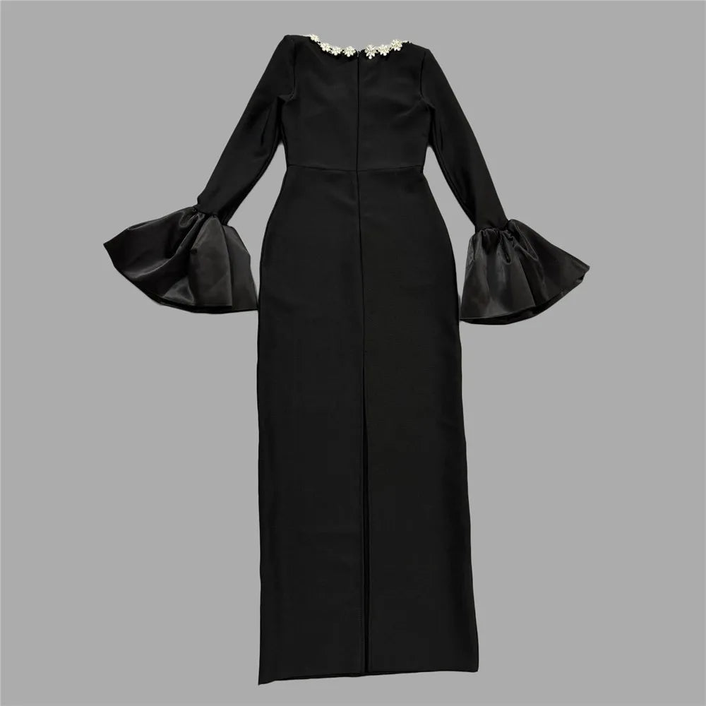 Black Color Women Long Sleeve Sexy Sqaure Collar Shinning Crystal Bodycon Long Bandage Dress Celebrate Evening Party Outfit