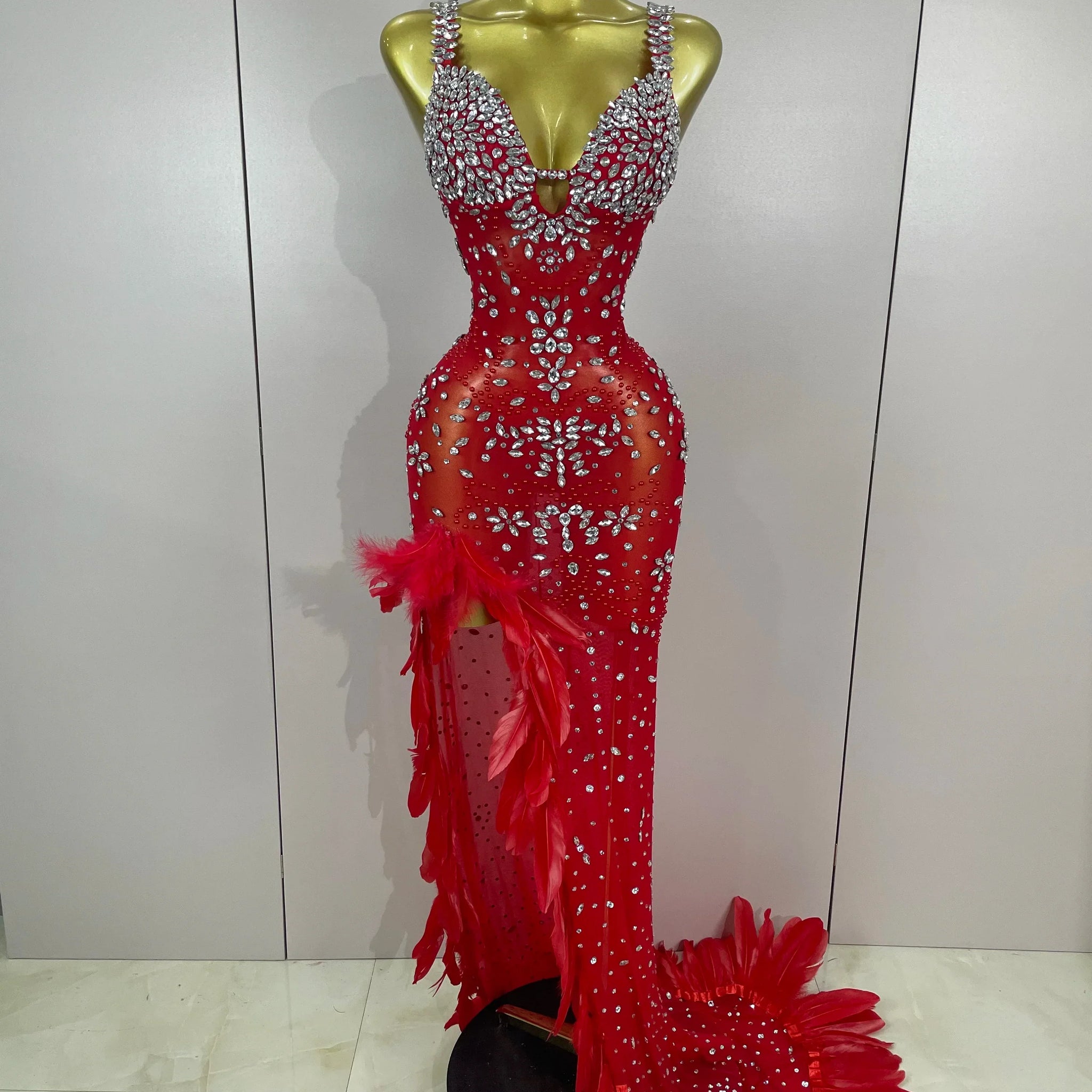 Exquisite Feather Red Evening Dress Women Sparkle Rhinestones Sexy High Slit Birthday Celebrate Stage Photoshoot Costume Red