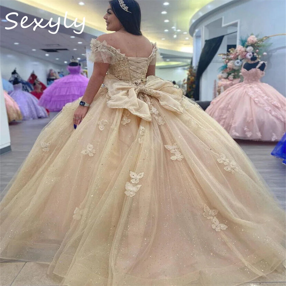 Princess Champagne Quinceanera Dress With Butterfly Spakle Ball Gown Prom Dresses Birthday Party Vestidos 15 Xv Sweet Customized