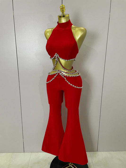 Luxury Rhinestone Red Sexy Cut Out Two Piece Pants Bandage Set Women Celebrity Designer Fashion Women's Set Stage Outfit