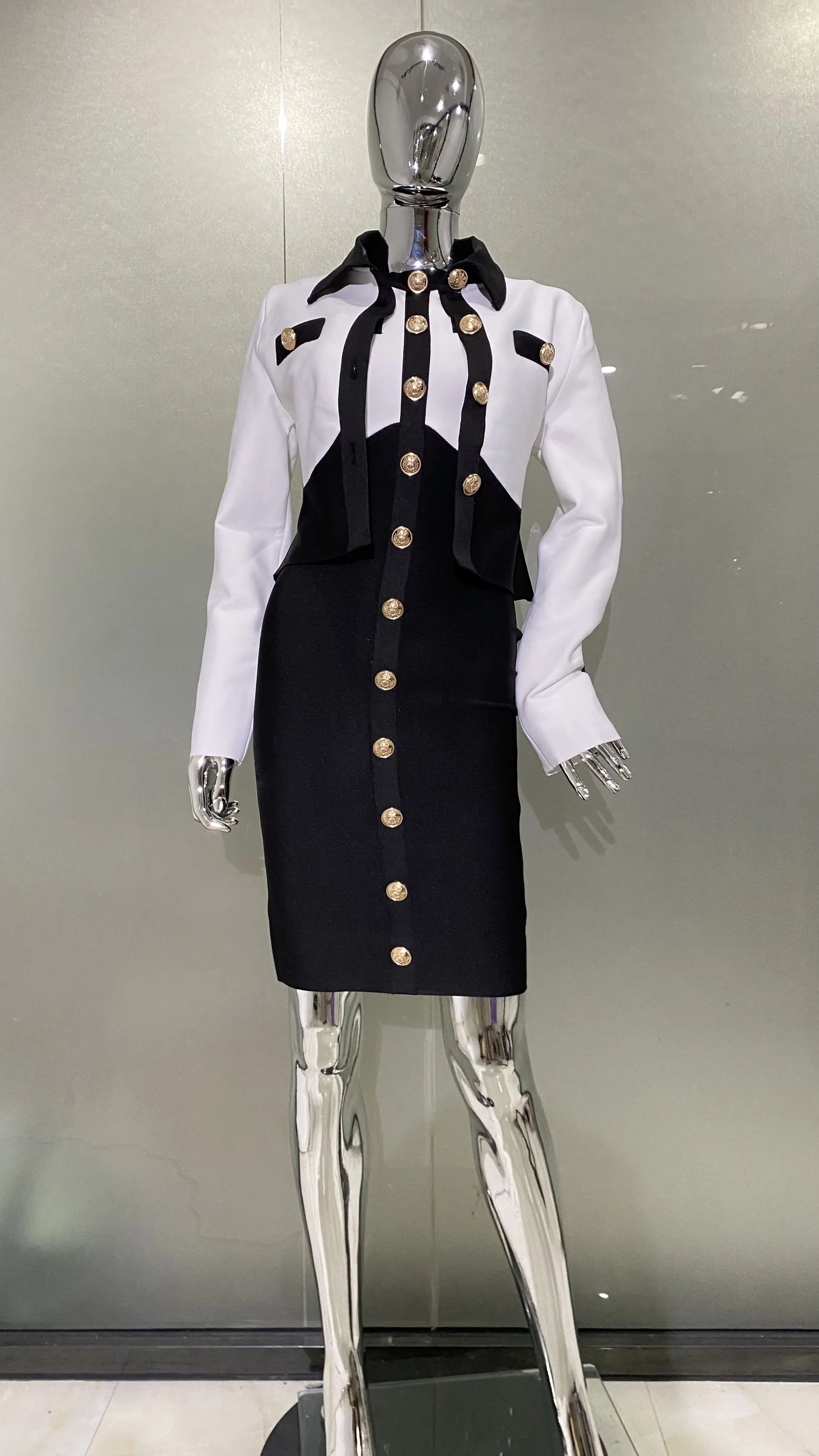 Arrivals Fashionable Women's Bandage Set Golden Buttons White Patchwork Black Coat And Sleeveless Bodycon MIini Dress