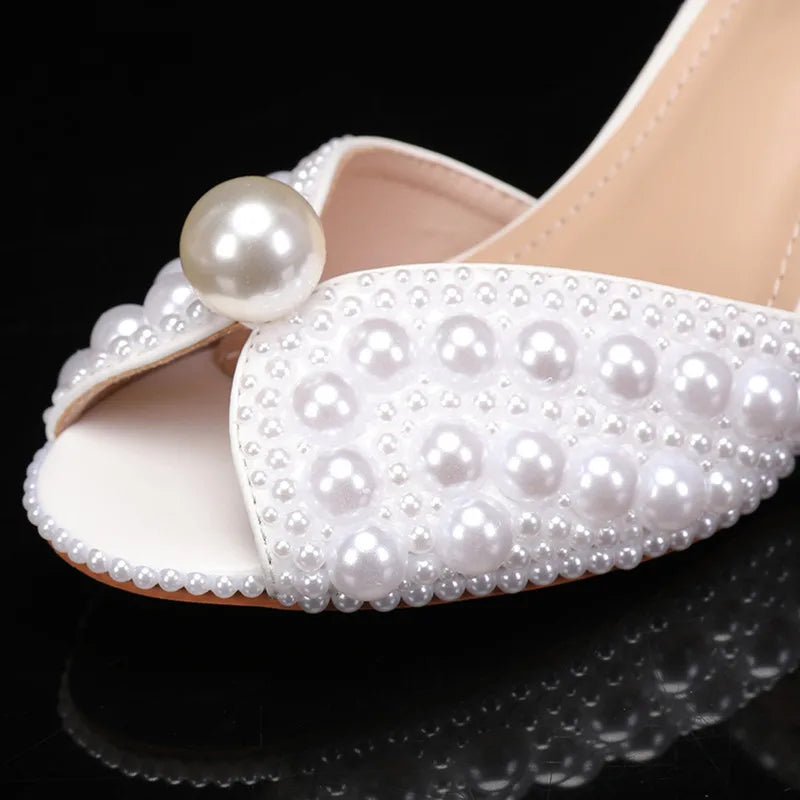 Summer Luxury Pearl Peep toe Thick Heeled Women Gladiator Sandals Fashion Beaded High heels Wedding Banquet Prom Shoes Sandalias