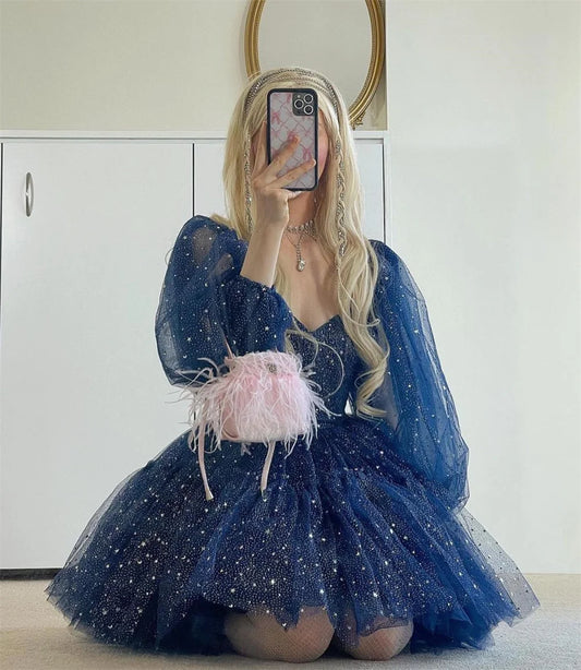 Sansa Dark Blue Mini فساتين السهرة Sweetheart Puffy Sleeves Glitter Vestidos De Noche Heart Shaped Neck Tulle Prom Dresses 2024