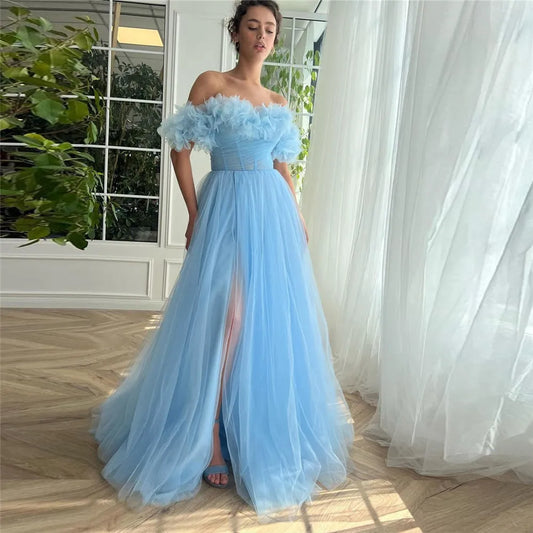 Blue Soft Tulle Prom Dress Off The Shoulder Pleat Ruched Floor Length Gown Homecoming Dresses Graduation Party Blue