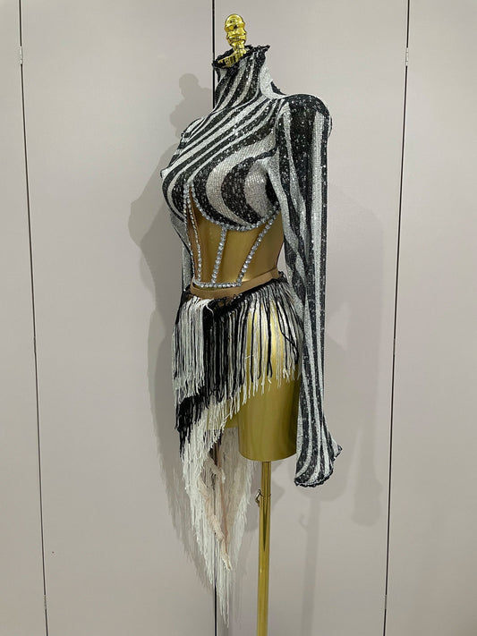 Shiny Diamond Sequin Tassels Sexy Mesh Long Sleeved Two Piece Set Women Evening Birthday paty Nightclub Stage Costume