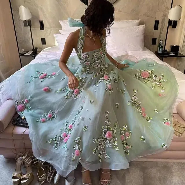 Fairy Mint Green Formal Prom Gowns Halter Organza Flower Applique Ruched Floor Length Evening Party Dress Event Dress
