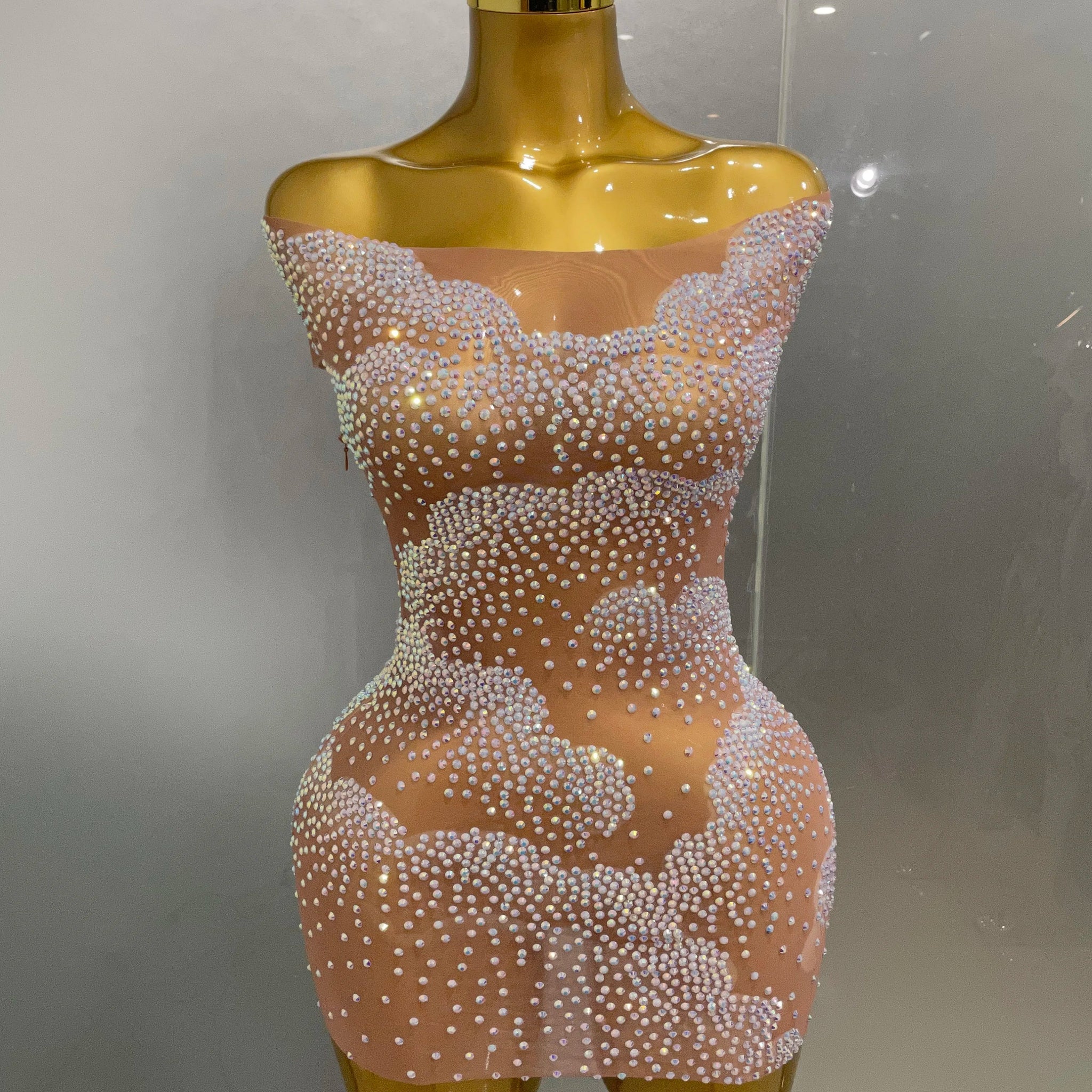 Sexy Sparkle Rhinestone Transparent Stretch Mini Dress Women Evening Birthday Party Club Stage Performance Costume Khaki
