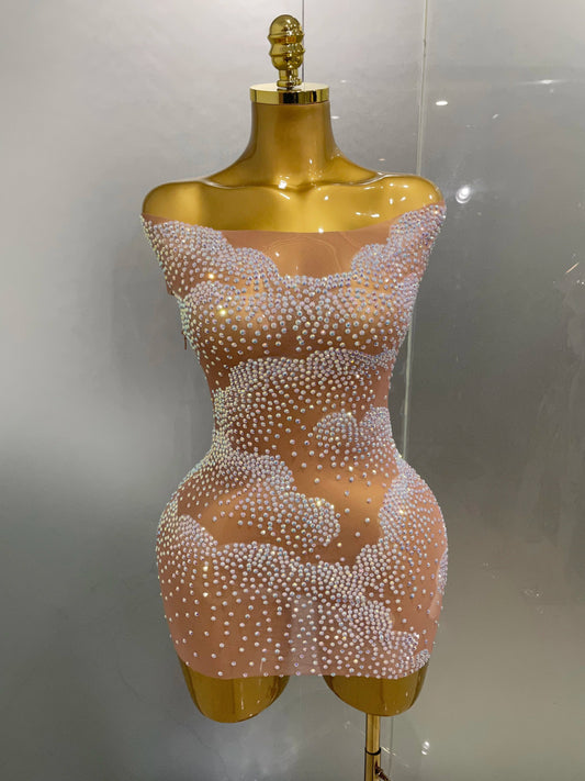 Sexy Sparkle Rhinestone Transparent Stretch Mini Dress Women Evening Birthday Party Club Stage Performance Costume Khaki