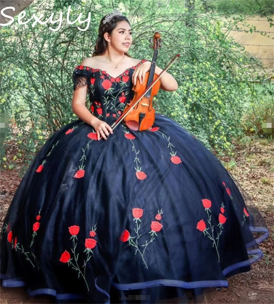 Customized Black Charro Mexican Quinceanera Dress Off Shoulders Rose Embroidery Debutante Vestido De 15 Xv Años Puffy Gothic