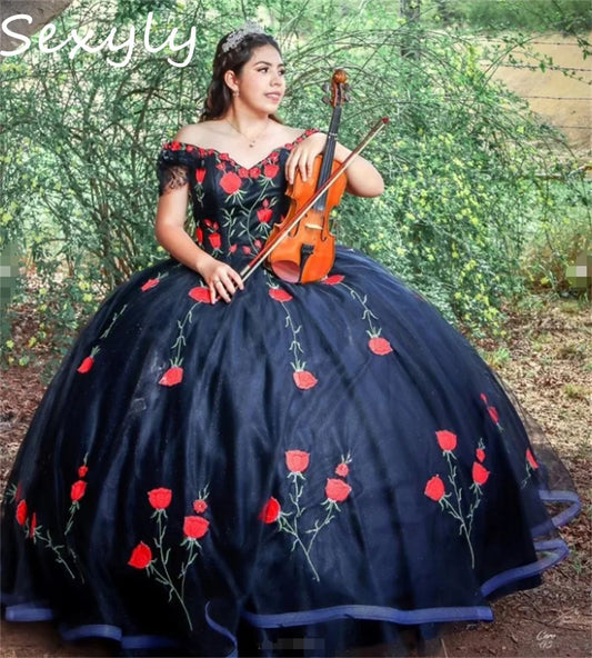 Customized Black Charro Mexican Quinceanera Dress Off Shoulders Rose Embroidery Debutante Vestido De 15 Xv Años Puffy Gothic