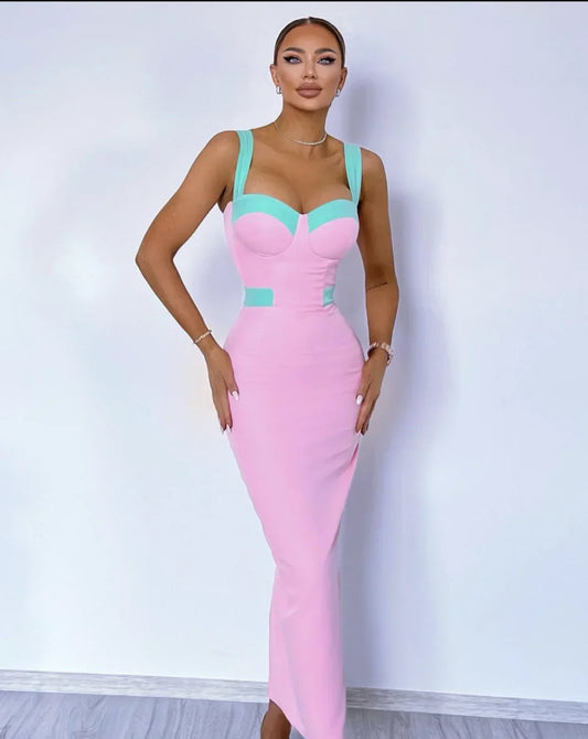 Arrival Pink Color Sleeveless Spaghetti Strap Long Bandage Dress Graceful Woman Evening Party Dress Dinner Party Vestido