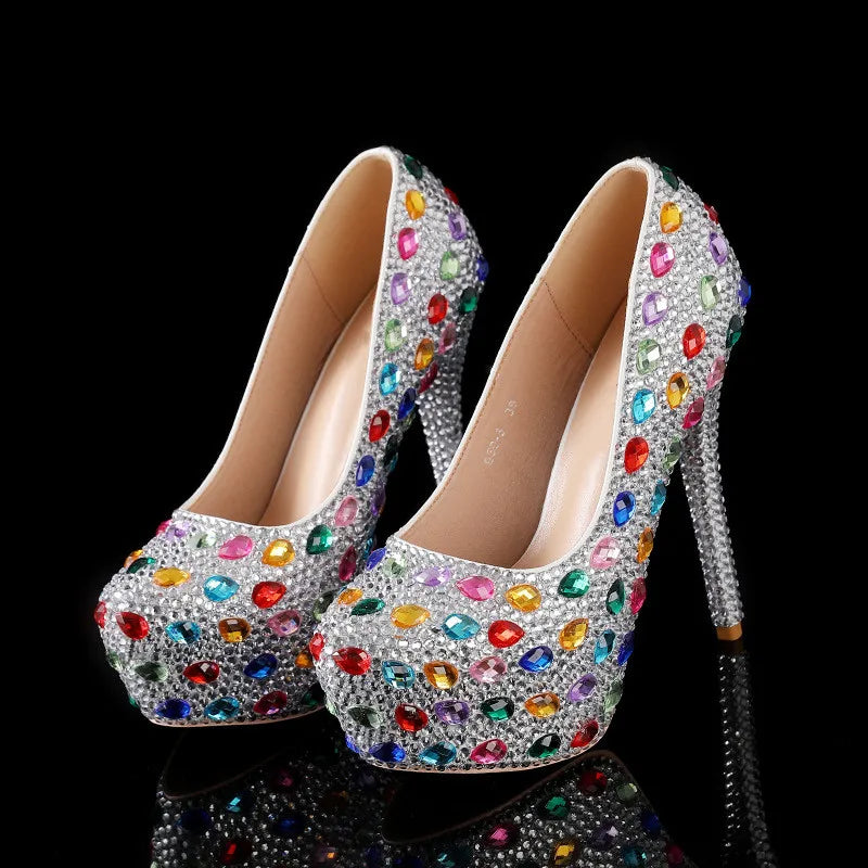 Bling Bling Luxury Rhinestones Diamond Women Pumps 14cm Ultra High heels Platform Wedges Party Shoes Fashon Wedding Bridal Shoe