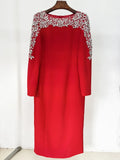 Luxury Black Red Color Women Long Sleeve Beading Handmake Slim Mid-calf Dress Elegant Evening Party Cocktail Outfit Vestido