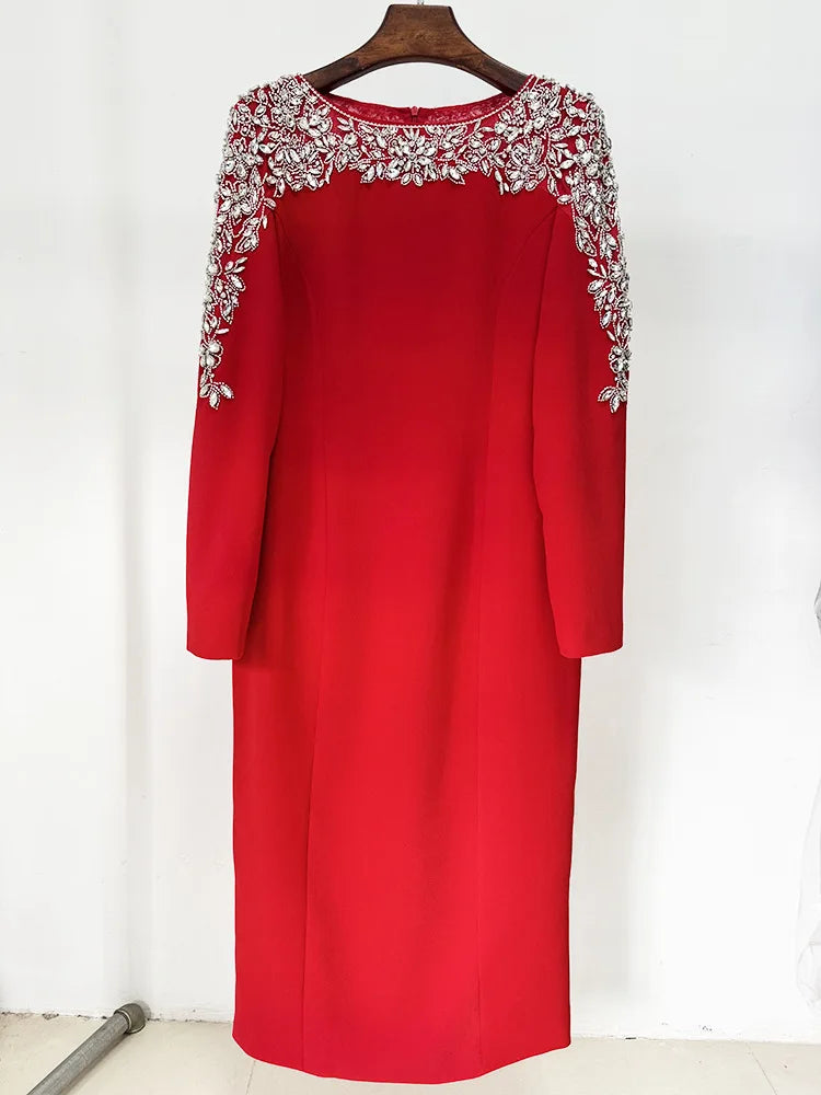 Luxury Black Red Color Women Long Sleeve Beading Handmake Slim Mid-calf Dress Elegant Evening Party Cocktail Outfit Vestido