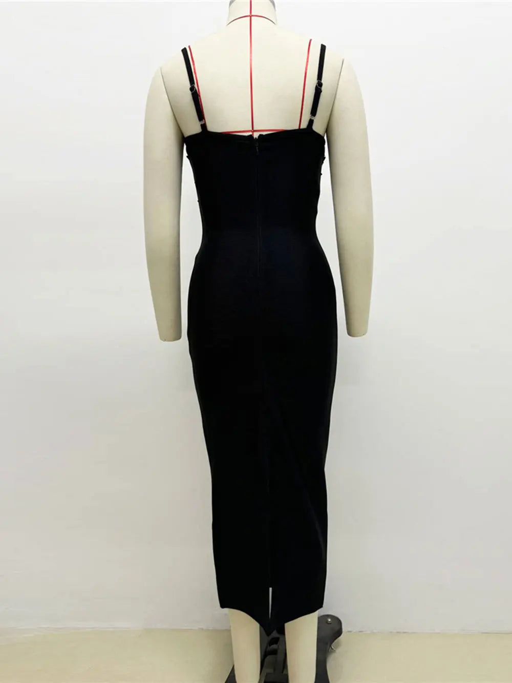Sexy Women Three-Dimensional Rhinestone Design Bandage Dress Spaghetti Strap Sleeveless Bodycon Backless Midi Dress Vestido