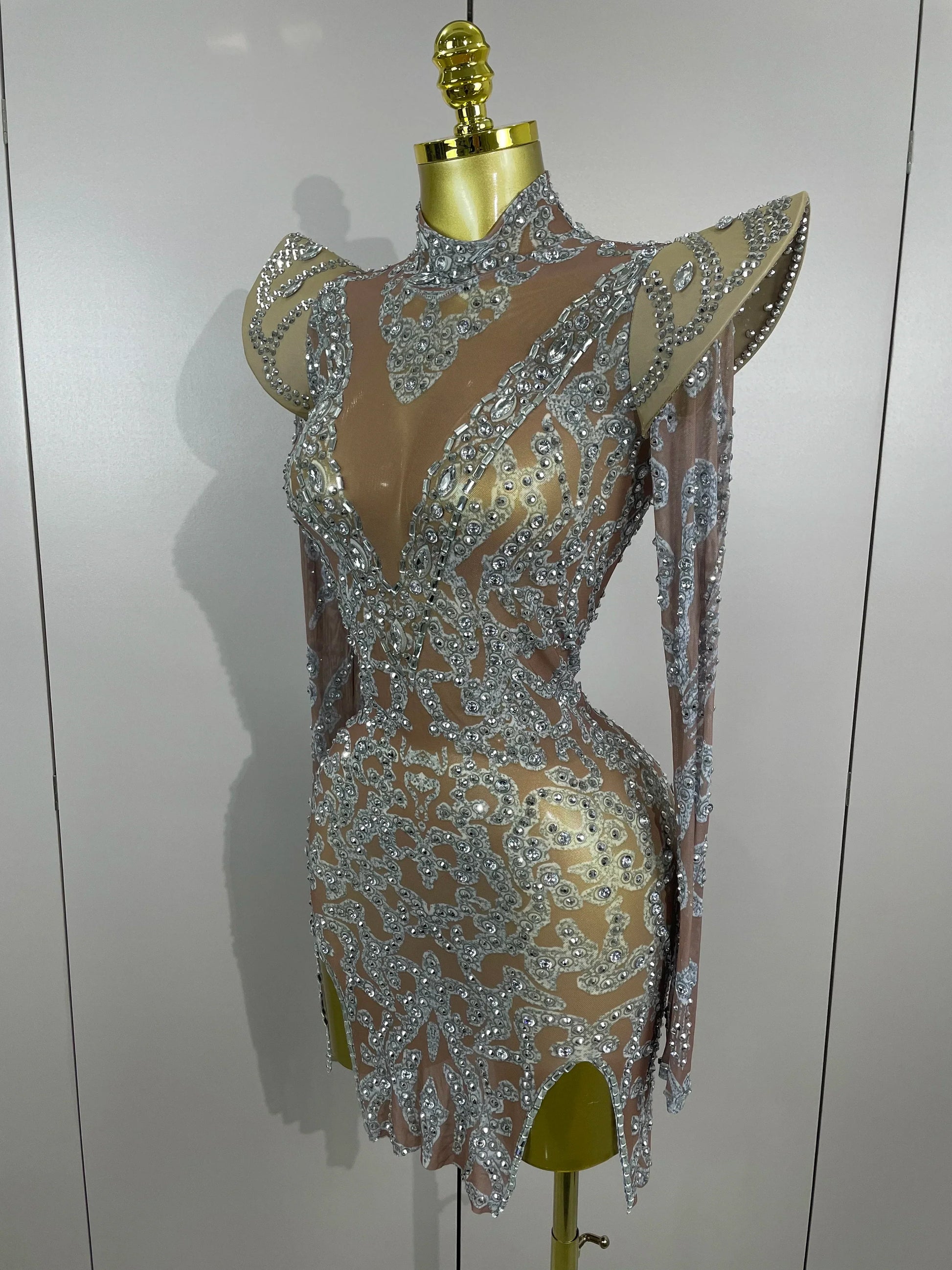 Sexy Singer Stage Drag Queen Costume Women Shiny Rhinestones Transparent Short Dress Birthday Celebrate Photoshoot Dress