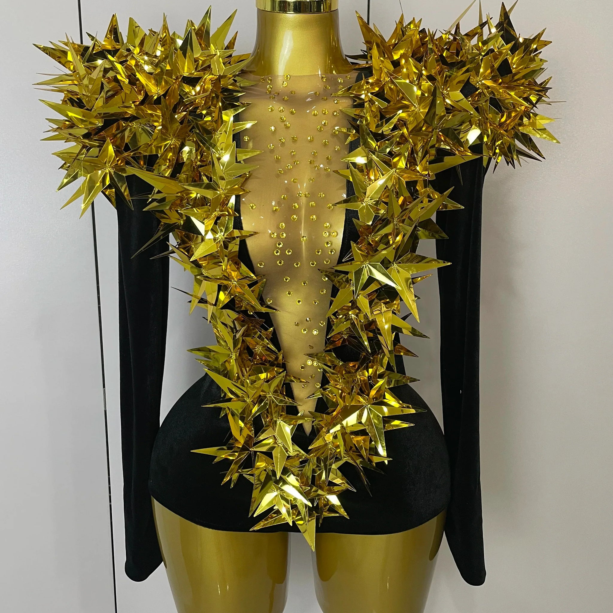 Shiny Gold Rhinestone Black Velvet Long Sleeve Bodysuit Women Evening Party Club Gala Hosts NightClub Bar Stage Costumes Gold