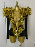Shiny Gold Rhinestone Black Velvet Long Sleeve Bodysuit Women Evening Party Club Gala Hosts NightClub Bar Stage Costumes Gold
