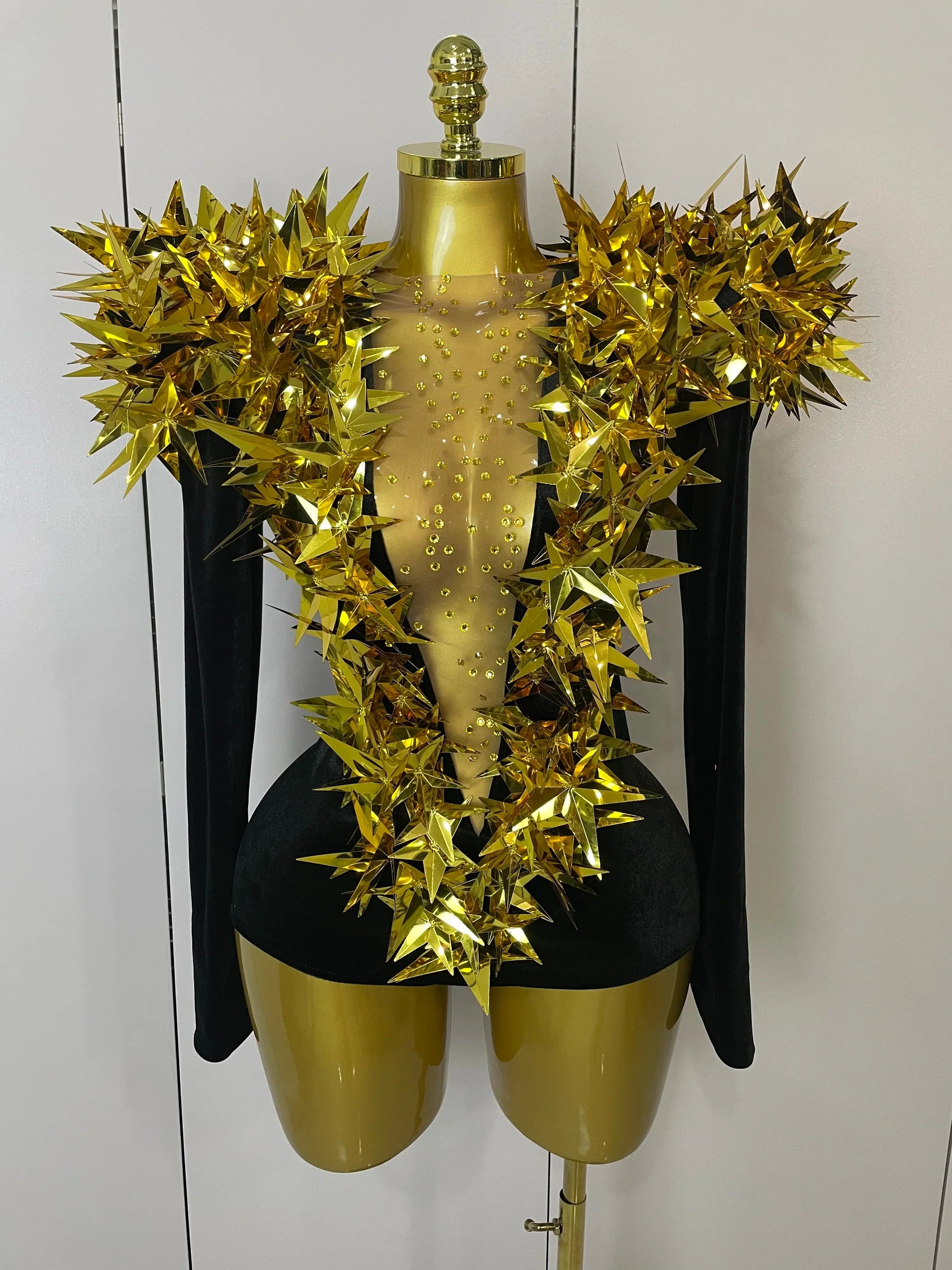 Shiny Gold Rhinestone Black Velvet Long Sleeve Bodysuit Women Evening Party Club Gala Hosts NightClub Bar Stage Costumes Gold