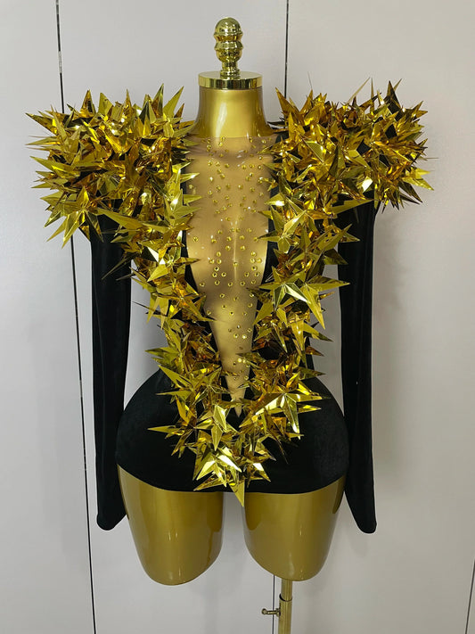 Shiny Gold Rhinestone Black Velvet Long Sleeve Bodysuit Women Evening Party Club Gala Hosts NightClub Bar Stage Costumes Gold