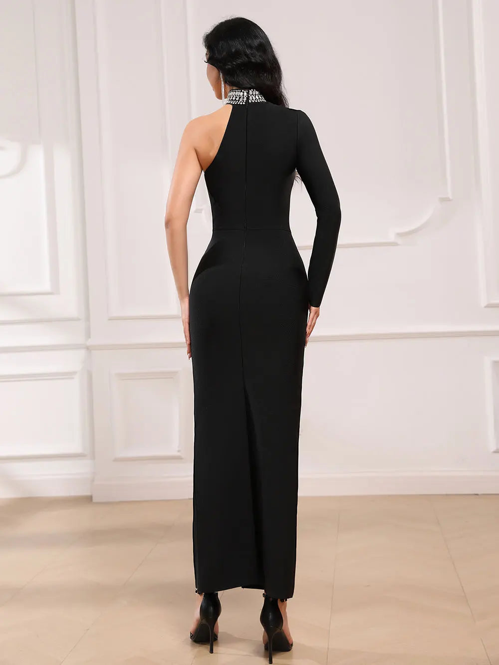 Spring Women's Light Luxury Nail Diamond Bandage Dresses Stand Collar Single Shoulder Bodycon Split Length Dress Vestidos
