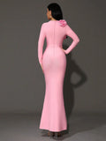Elegant Women's 3D Flower Decorative Bandage Dress O-neck Long Sleeve Bodycon Long Dress Cocktail Evening Party Vestidos