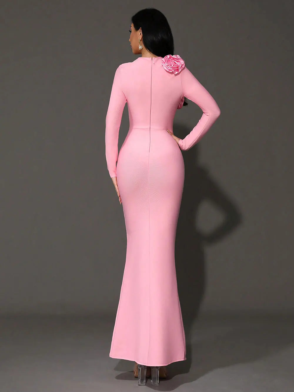 Elegant Women's 3D Flower Decorative Bandage Dress O-neck Long Sleeve Bodycon Long Dress Cocktail Evening Party Vestidos