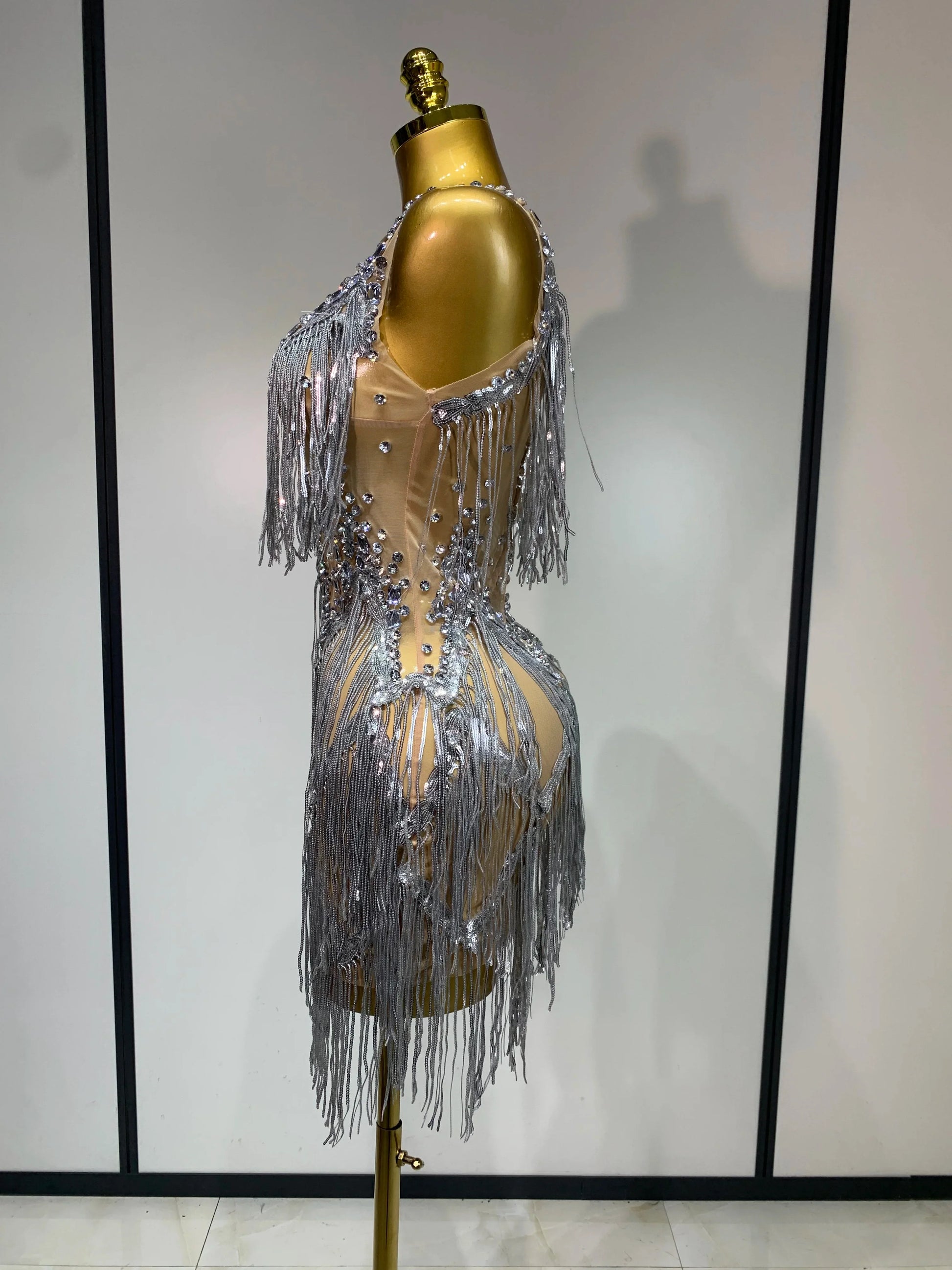 Sparkly Rhinestone Tassels Sexy Mesh See Through Dress Women Evening Party Luxury Birthday Nightclub Perform Stage Costume