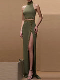New Spring Women Sexy Beading Tank Tops High Split Bodycon Long Skirts Set Elegant Evening Party Birthday Dress Vestido army green