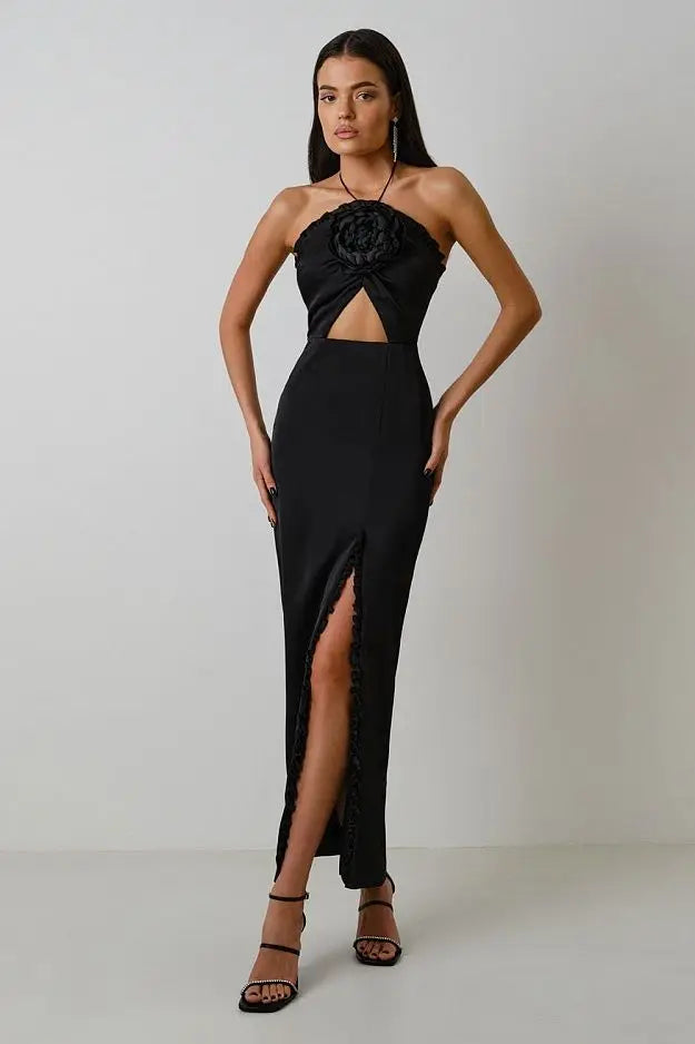Black Skyblue Color Women Sexy Halter Off the Shoulder Bodycon Mid-calf Bandage Dress Fashion Nightclub Party Celebrate Dress black