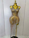 Sparkly Rhinestone V Neck Stretch Mesh Sexy See Through Dress Women Elegant Party Celebrate Perform Costume Stage Outfi Silver