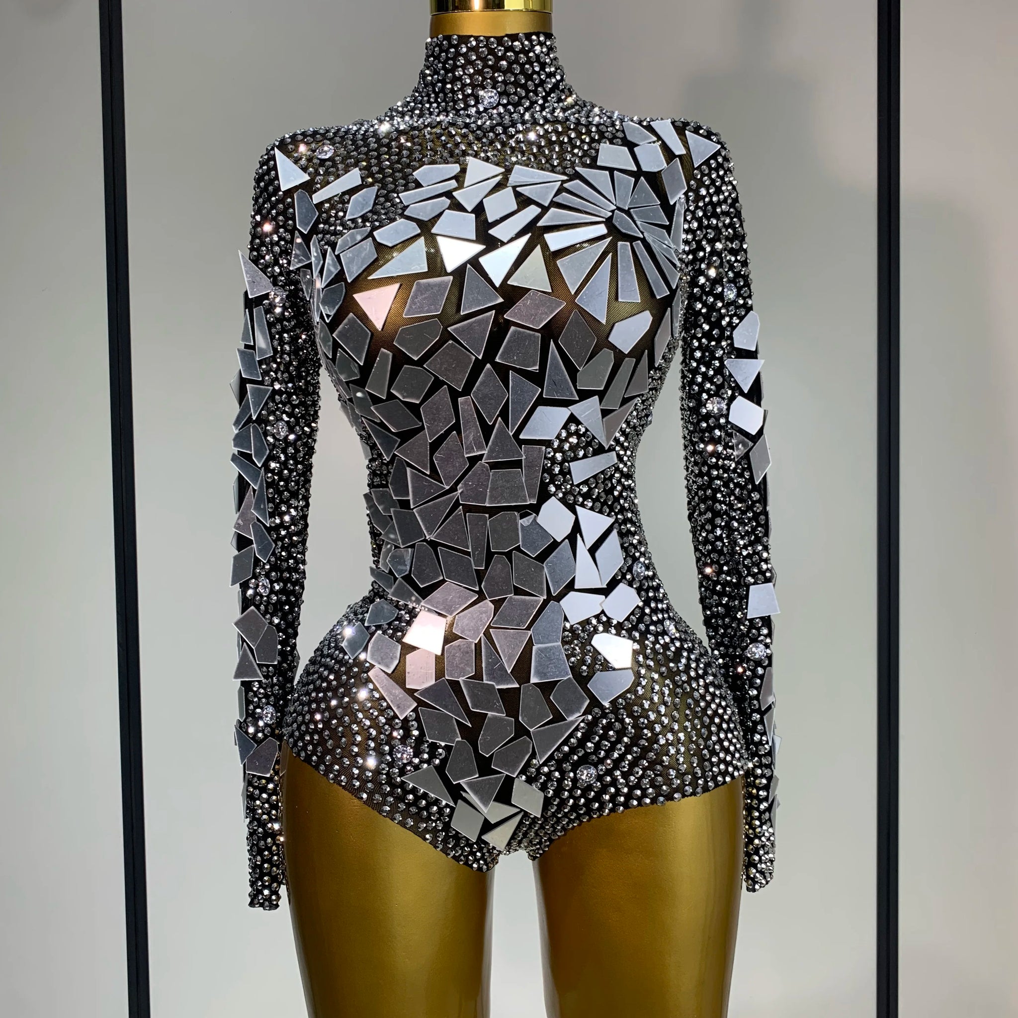 Luxury Rhinestones Mirrors Sexy Sheath Bodysuit Women Nightclub DJ Performance Costume Evening Party Celebrate Stage Wear black