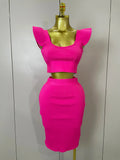 Women Sexy Backless Ruffles Red Bandage Two Pices Set Celebrity Evening Elegance Birthday Party Dress Rose Red