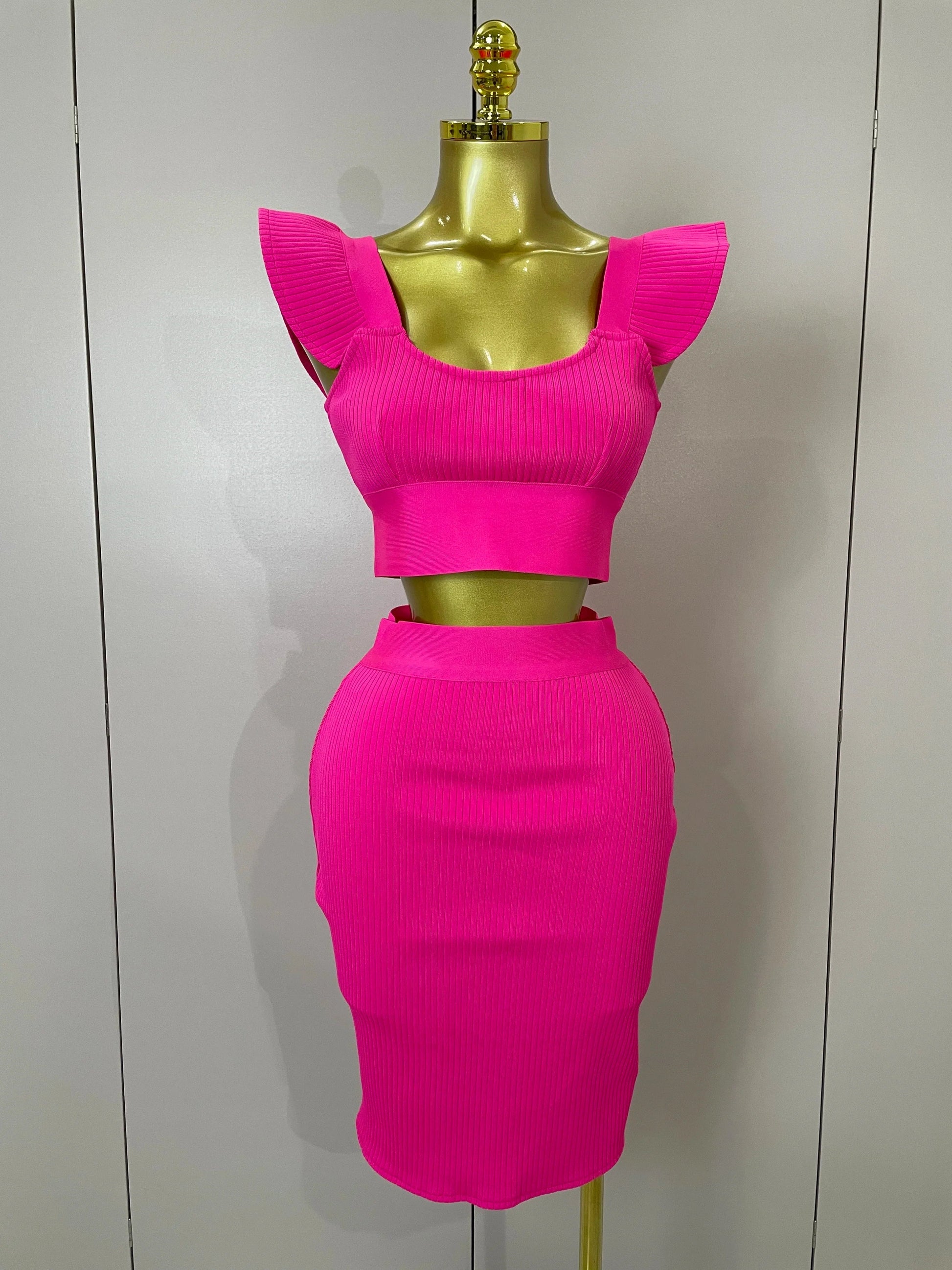 Women Sexy Backless Ruffles Red Bandage Two Pices Set Celebrity Evening Elegance Birthday Party Dress Rose Red