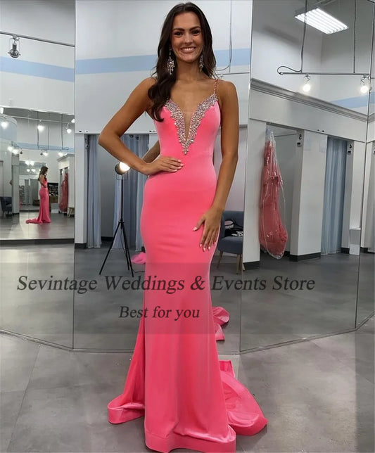 Hearty Hot Pink Prom Dress Mermaid V-Neck Spaghetti Strap Sequineds Ruched Floor Length Evening Dress robes de soirée